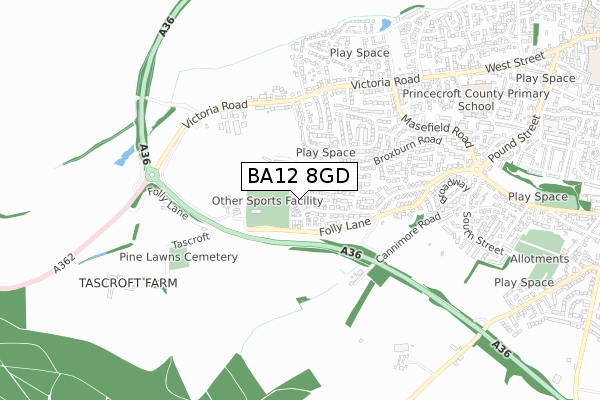 BA12 8GD map - small scale - OS Open Zoomstack (Ordnance Survey)