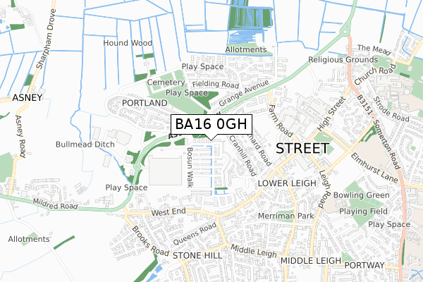 BA16 0GH map - small scale - OS Open Zoomstack (Ordnance Survey)