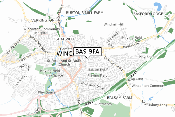 BA9 9FA map - small scale - OS Open Zoomstack (Ordnance Survey)