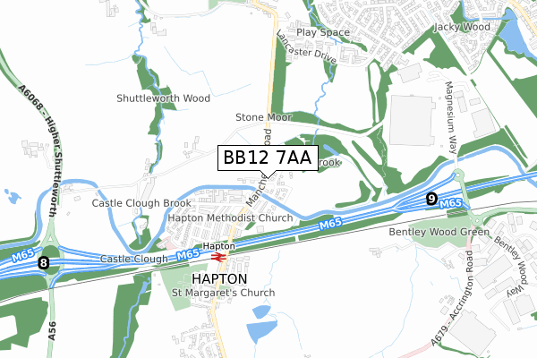 BB12 7AA map - small scale - OS Open Zoomstack (Ordnance Survey)