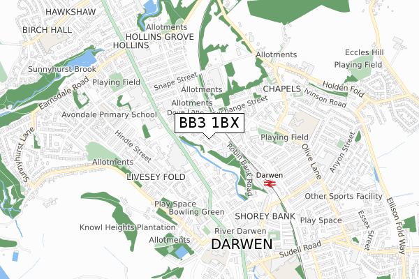 BB3 1BX map - small scale - OS Open Zoomstack (Ordnance Survey)