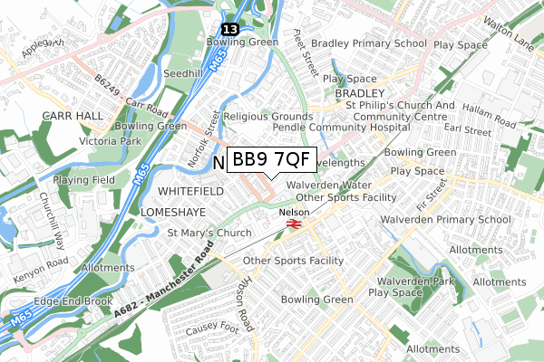 BB9 7QF map - small scale - OS Open Zoomstack (Ordnance Survey)