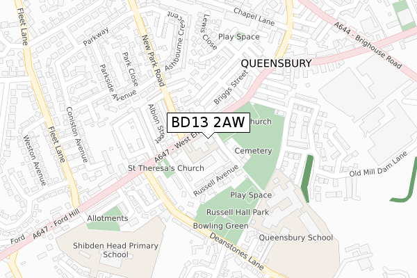 BD13 2AW map - large scale - OS Open Zoomstack (Ordnance Survey)