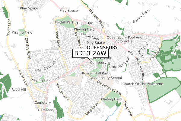 BD13 2AW map - small scale - OS Open Zoomstack (Ordnance Survey)