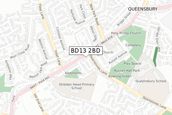 BD13 2BD map - large scale - OS Open Zoomstack (Ordnance Survey)