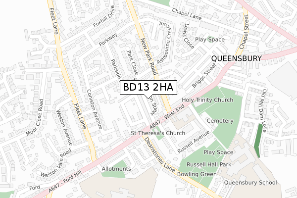 BD13 2HA map - large scale - OS Open Zoomstack (Ordnance Survey)