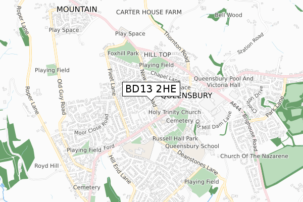 BD13 2HE map - small scale - OS Open Zoomstack (Ordnance Survey)