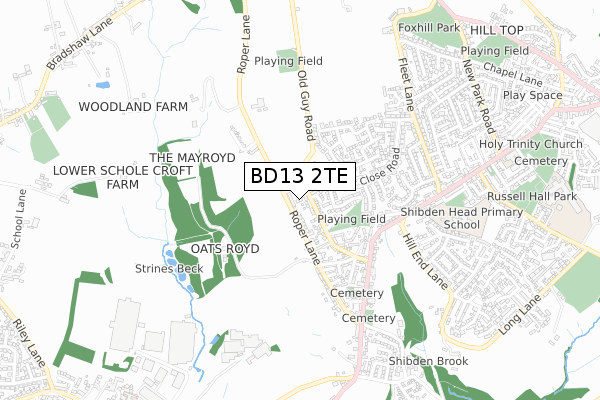 BD13 2TE map - small scale - OS Open Zoomstack (Ordnance Survey)