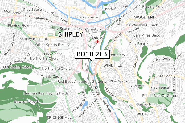 BD18 2FB map - small scale - OS Open Zoomstack (Ordnance Survey)