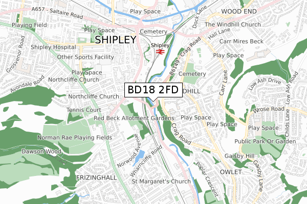 BD18 2FD map - small scale - OS Open Zoomstack (Ordnance Survey)