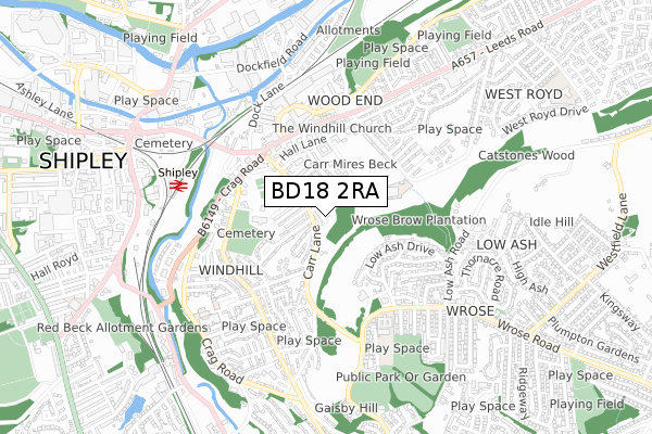 BD18 2RA map - small scale - OS Open Zoomstack (Ordnance Survey)