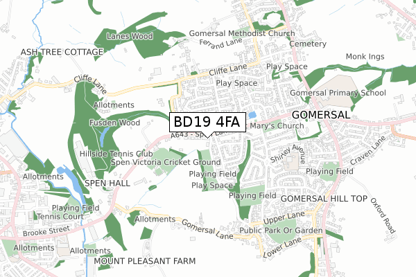 BD19 4FA map - small scale - OS Open Zoomstack (Ordnance Survey)