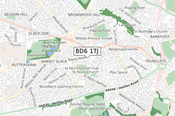 BD6 1TJ map - small scale - OS Open Zoomstack (Ordnance Survey)