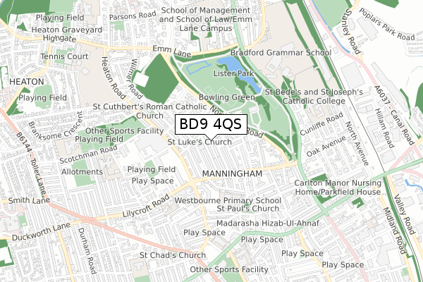 BD9 4QS map - small scale - OS Open Zoomstack (Ordnance Survey)