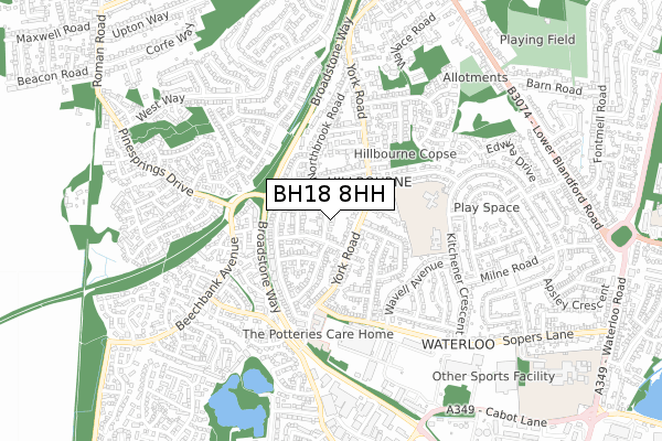 BH18 8HH map - small scale - OS Open Zoomstack (Ordnance Survey)