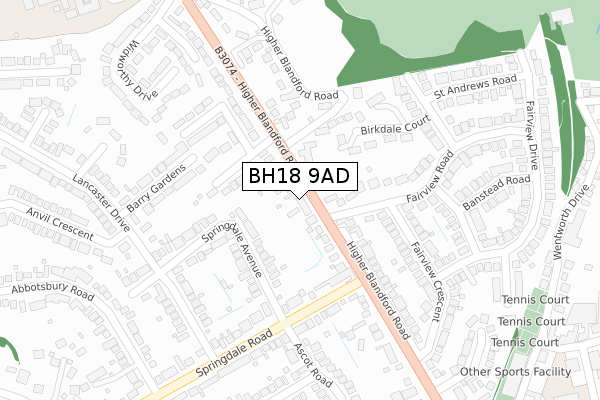 BH18 9AD map - large scale - OS Open Zoomstack (Ordnance Survey)