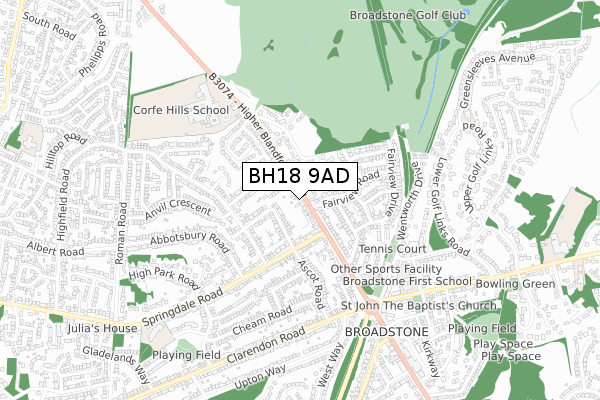 BH18 9AD map - small scale - OS Open Zoomstack (Ordnance Survey)