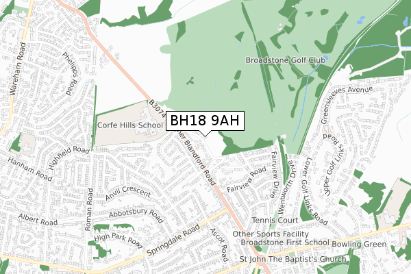 BH18 9AH map - small scale - OS Open Zoomstack (Ordnance Survey)