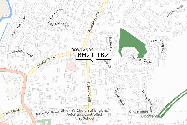 BH21 1BZ map - large scale - OS Open Zoomstack (Ordnance Survey)