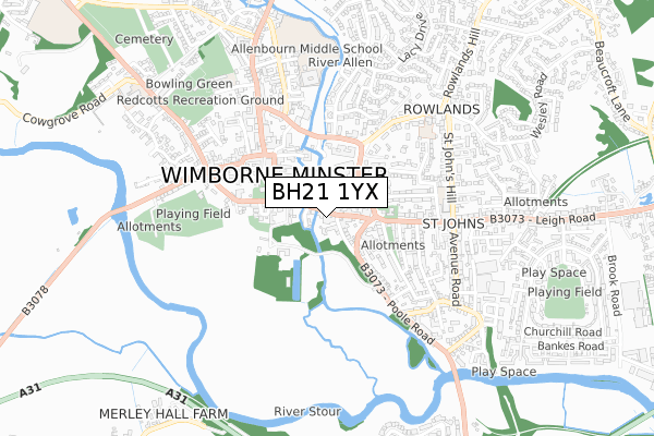 BH21 1YX map - small scale - OS Open Zoomstack (Ordnance Survey)