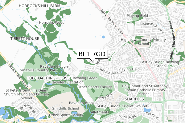 BL1 7GD map - small scale - OS Open Zoomstack (Ordnance Survey)