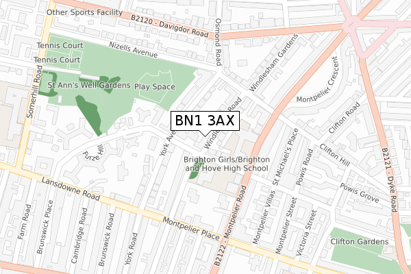 BN1 3AX map - large scale - OS Open Zoomstack (Ordnance Survey)