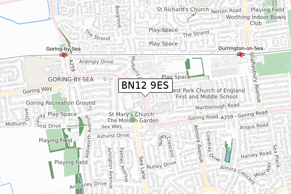 BN12 9ES map - small scale - OS Open Zoomstack (Ordnance Survey)