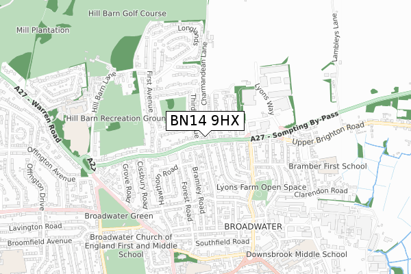 BN14 9HX map - small scale - OS Open Zoomstack (Ordnance Survey)