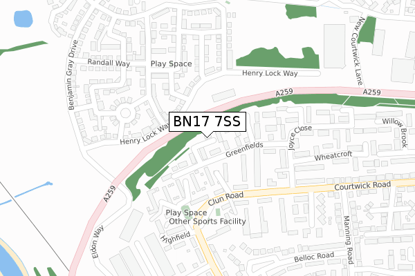 BN17 7SS map - large scale - OS Open Zoomstack (Ordnance Survey)