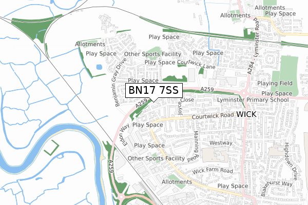 BN17 7SS map - small scale - OS Open Zoomstack (Ordnance Survey)