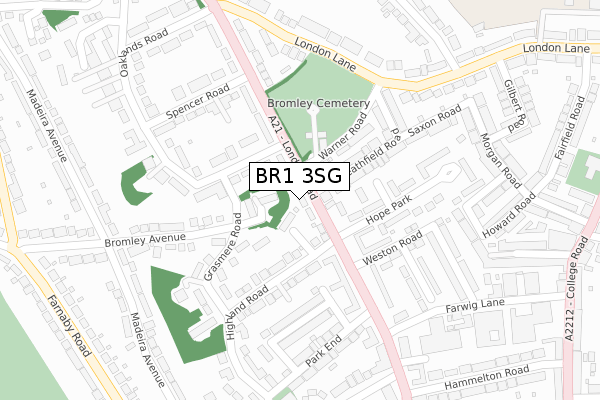 BR1 3SG map - large scale - OS Open Zoomstack (Ordnance Survey)