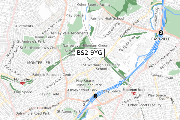 BS2 9YG map - small scale - OS Open Zoomstack (Ordnance Survey)