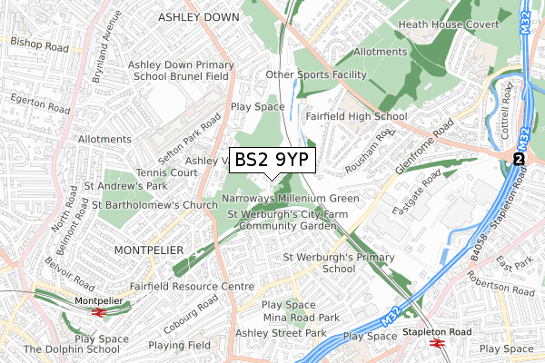 BS2 9YP map - small scale - OS Open Zoomstack (Ordnance Survey)