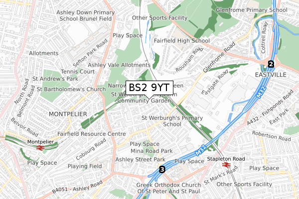 BS2 9YT map - small scale - OS Open Zoomstack (Ordnance Survey)