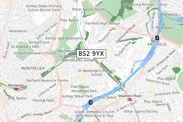 BS2 9YX map - small scale - OS Open Zoomstack (Ordnance Survey)