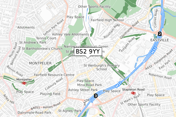 BS2 9YY map - small scale - OS Open Zoomstack (Ordnance Survey)