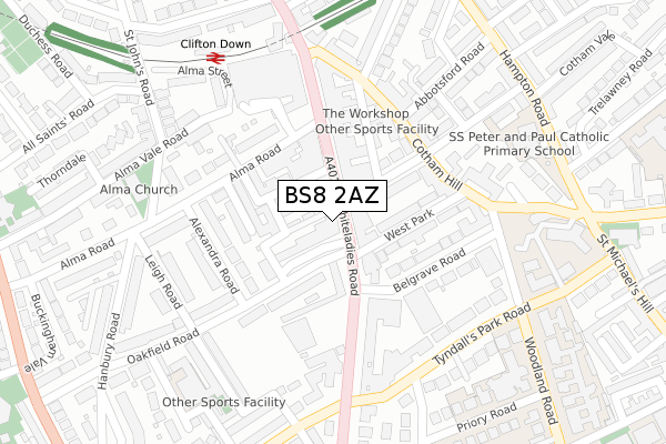 BS8 2AZ map - large scale - OS Open Zoomstack (Ordnance Survey)