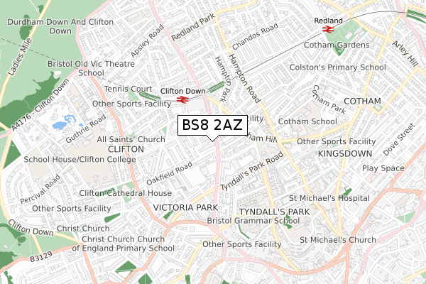 BS8 2AZ map - small scale - OS Open Zoomstack (Ordnance Survey)