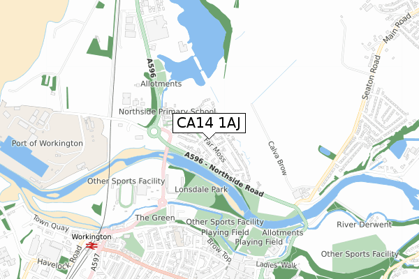 CA14 1AJ map - small scale - OS Open Zoomstack (Ordnance Survey)