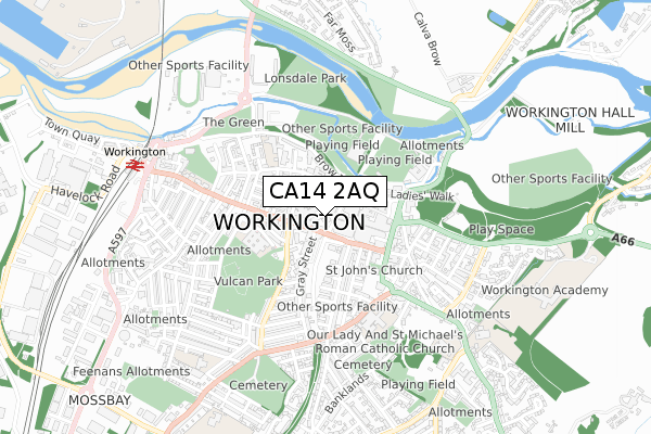 CA14 2AQ map - small scale - OS Open Zoomstack (Ordnance Survey)