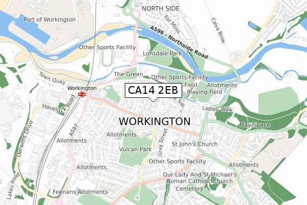 CA14 2EB map - small scale - OS Open Zoomstack (Ordnance Survey)