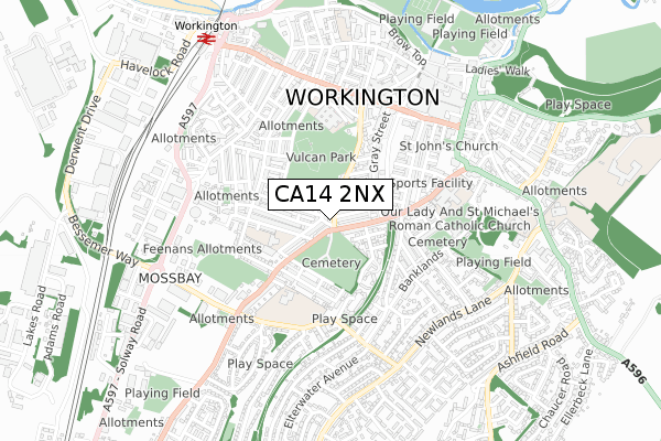 CA14 2NX map - small scale - OS Open Zoomstack (Ordnance Survey)