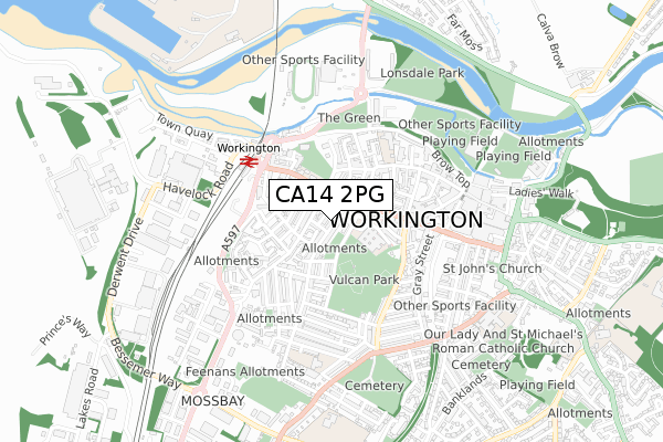 CA14 2PG map - small scale - OS Open Zoomstack (Ordnance Survey)