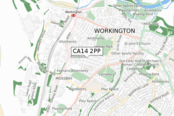 CA14 2PP map - small scale - OS Open Zoomstack (Ordnance Survey)