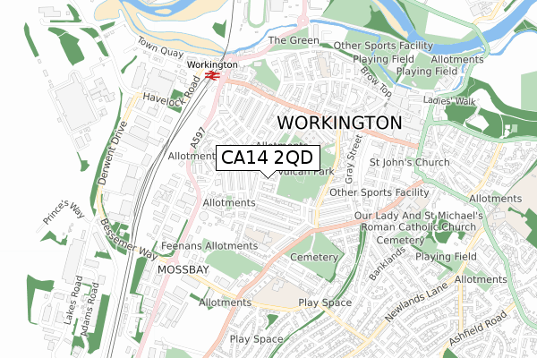 CA14 2QD map - small scale - OS Open Zoomstack (Ordnance Survey)