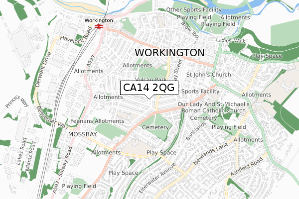 CA14 2QG map - small scale - OS Open Zoomstack (Ordnance Survey)