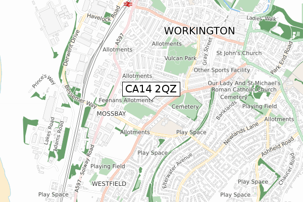 CA14 2QZ map - small scale - OS Open Zoomstack (Ordnance Survey)