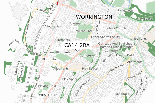 CA14 2RA map - small scale - OS Open Zoomstack (Ordnance Survey)