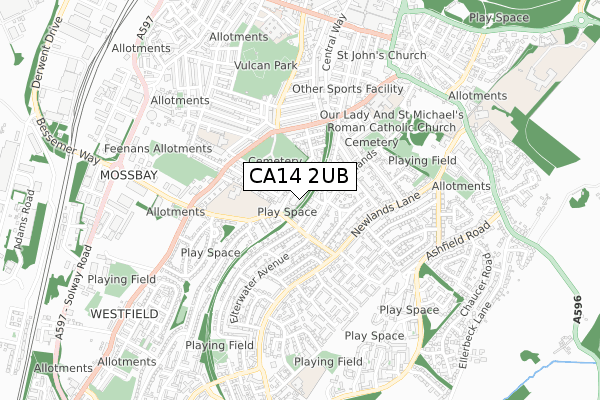 CA14 2UB map - small scale - OS Open Zoomstack (Ordnance Survey)