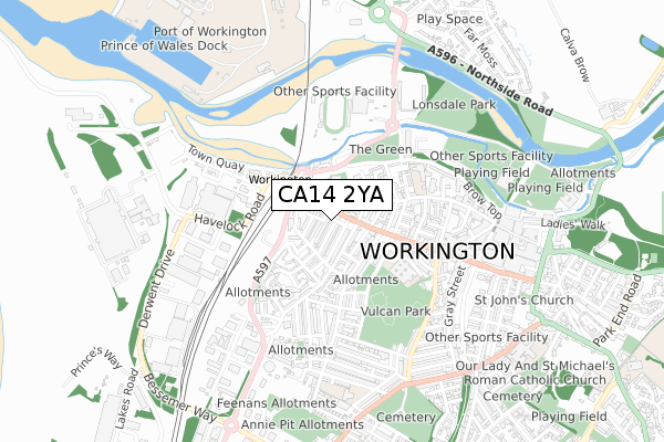 CA14 2YA map - small scale - OS Open Zoomstack (Ordnance Survey)